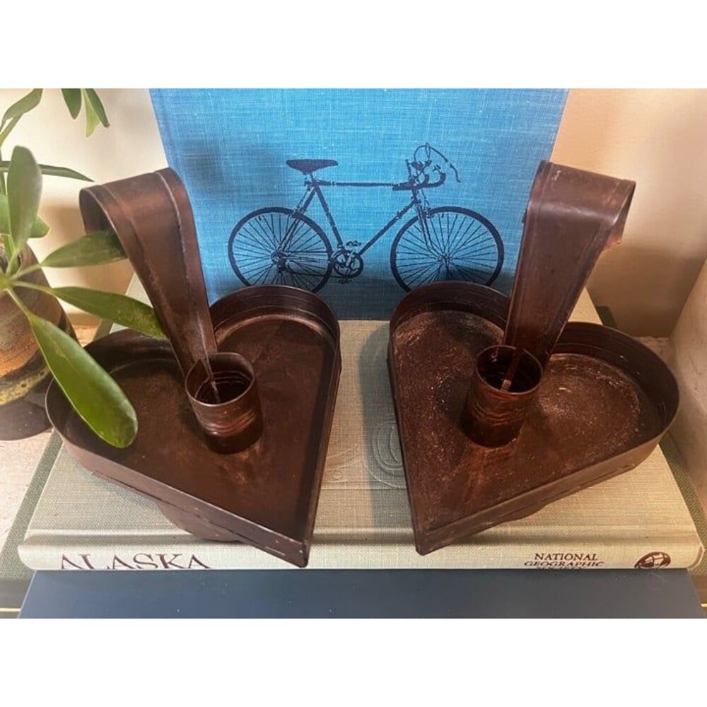 Vintage Primitive Rustic Tin Heart Candle Stick Holders (Set Of 2) Cottage Home
